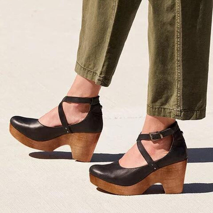 Women's Cross Ankle Strap Closed Toe Wood Effect Block Heel Shoes