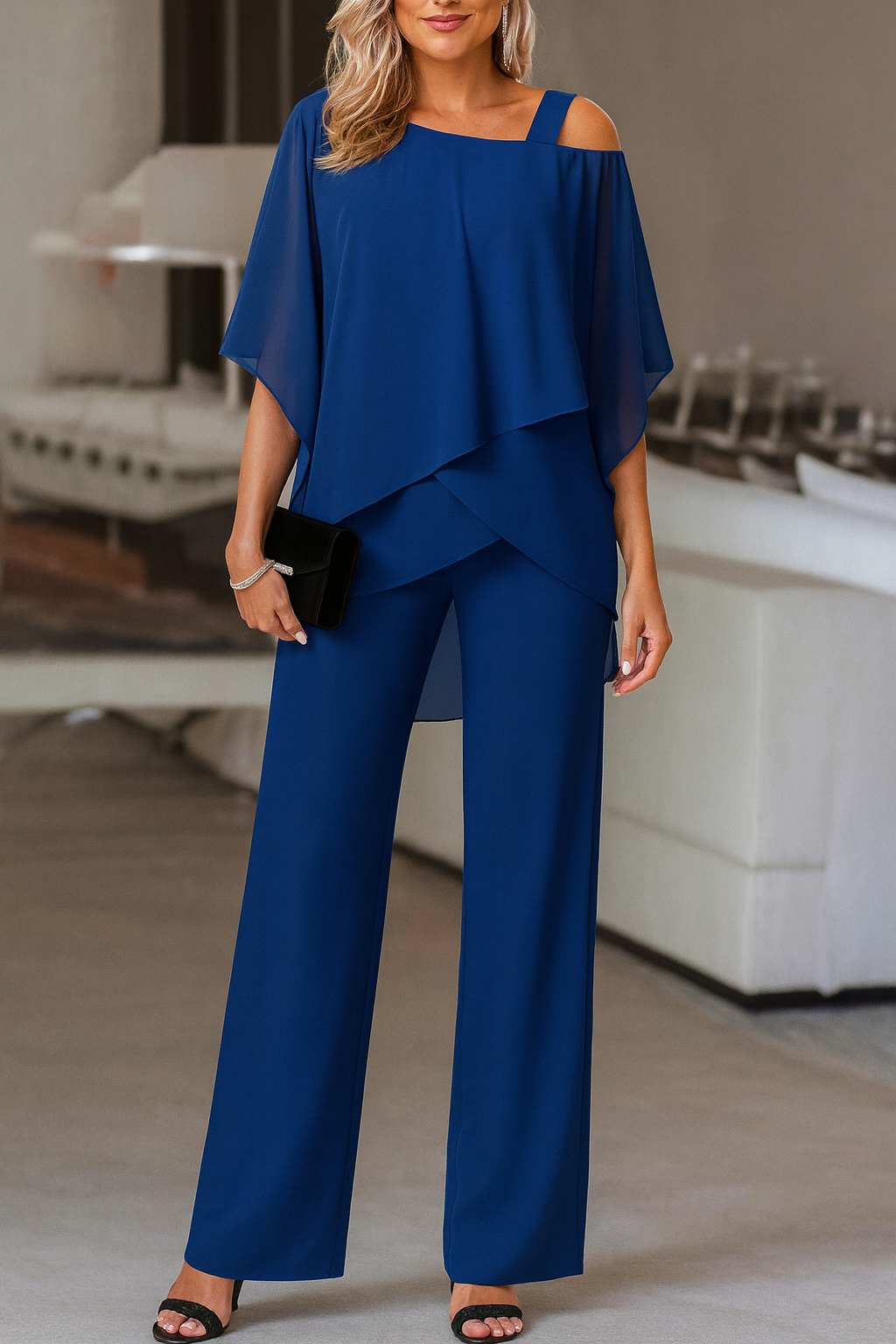 Women's Two-Piece Chiffon Layered Top and Wide-Leg Trousers Set