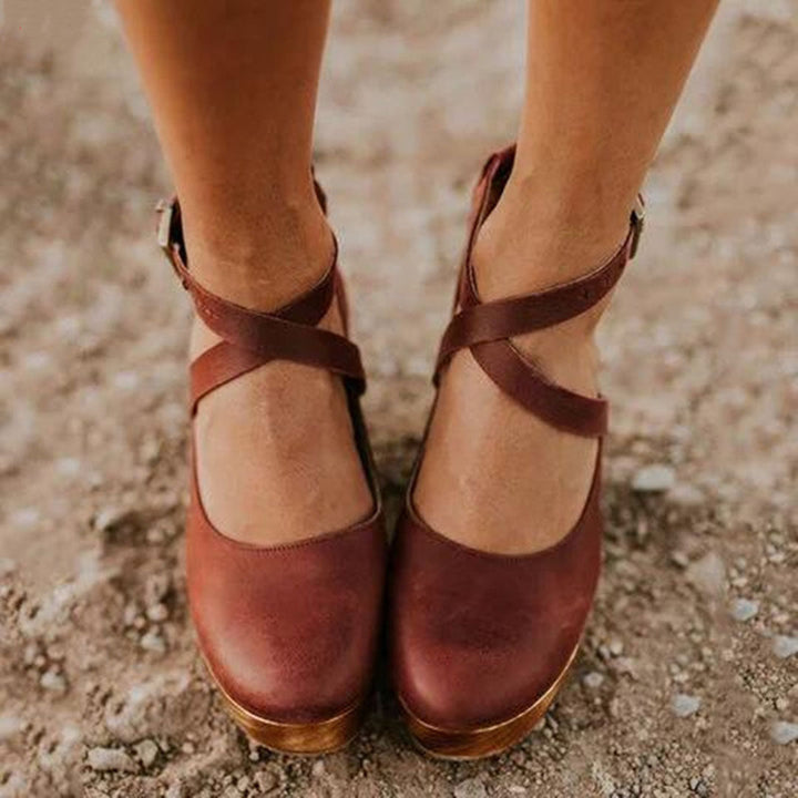 Women's Cross Ankle Strap Closed Toe Wood Effect Block Heel Shoes