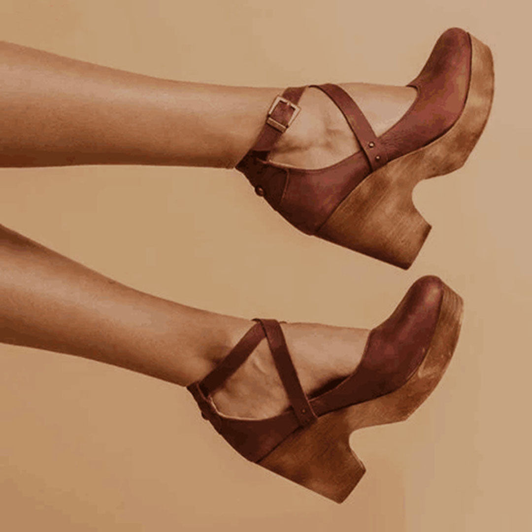 Women's Cross Ankle Strap Closed Toe Wood Effect Block Heel Shoes