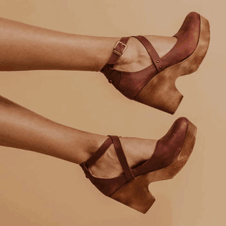 Women's Cross Ankle Strap Closed Toe Wood Effect Block Heel Shoes