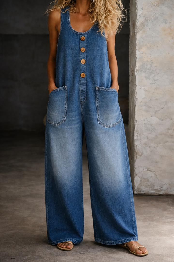 Women's Vintage Washed Sleeveless Button Front Wide Leg Overalls