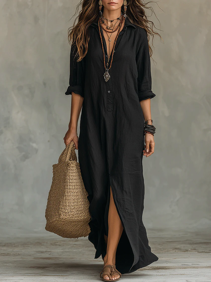 Women's Linen Shirt Collar Button Front Side Split Maxi Dress