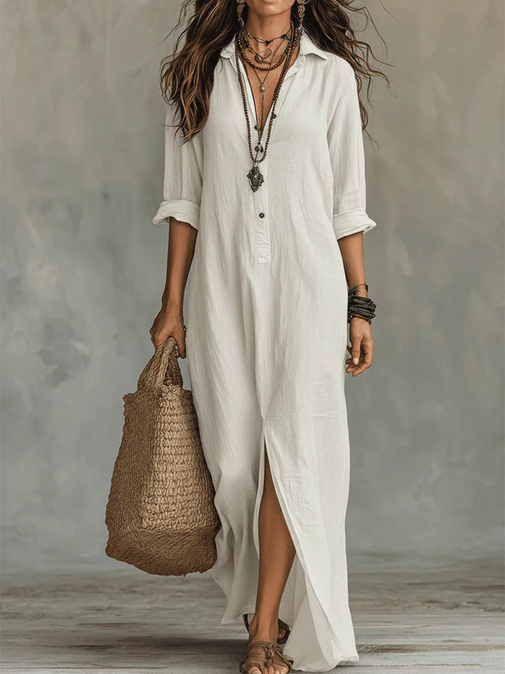Women's Linen Shirt Collar Button Front Side Split Maxi Dress
