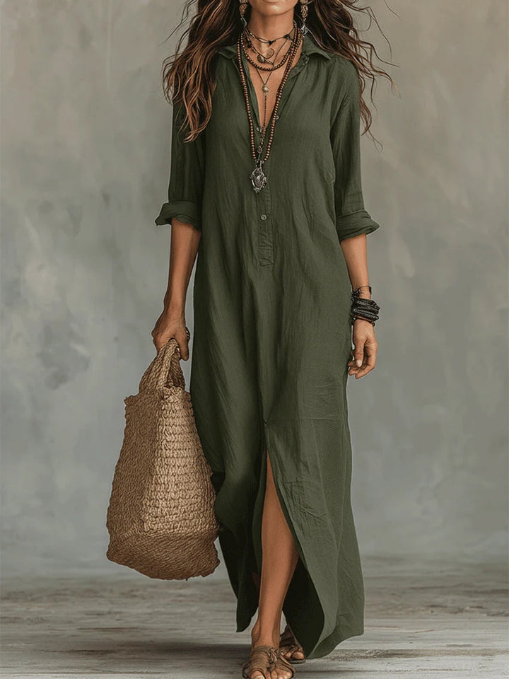 Women's Linen Shirt Collar Button Front Side Split Maxi Dress