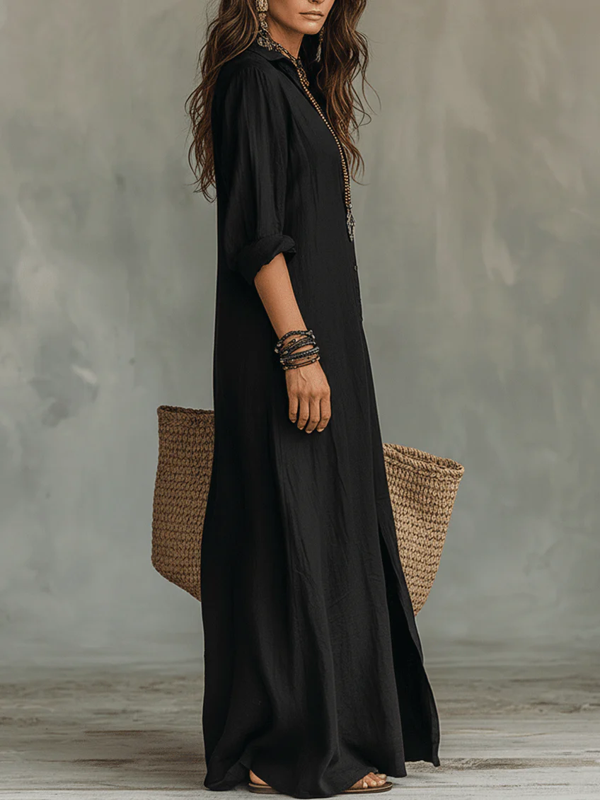 Women's Linen Shirt Collar Button Front Side Split Maxi Dress