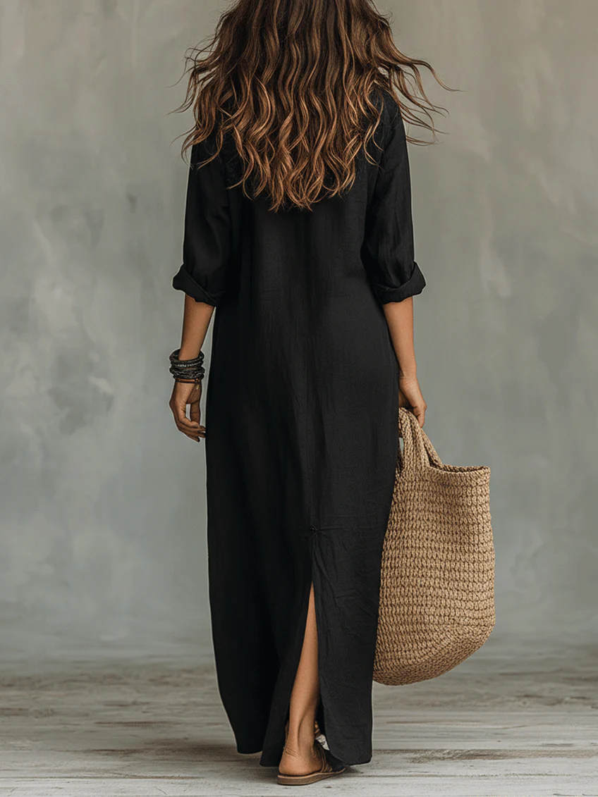 Women's Linen Shirt Collar Button Front Side Split Maxi Dress