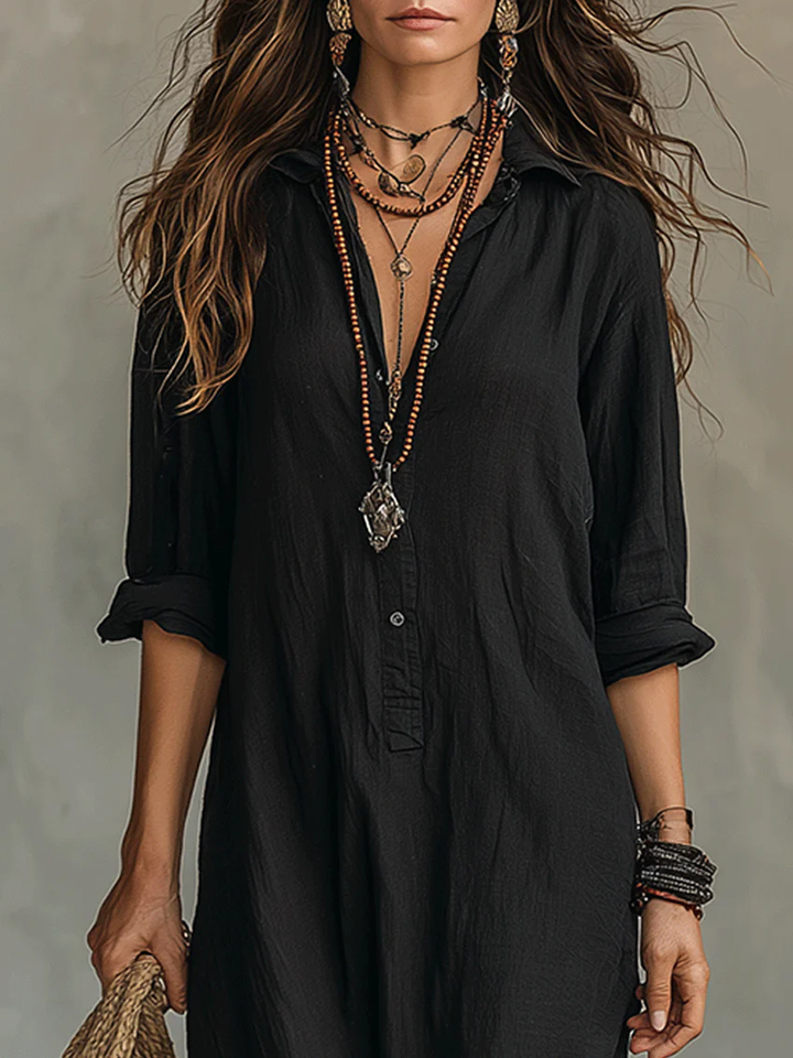 Women's Linen Shirt Collar Button Front Side Split Maxi Dress
