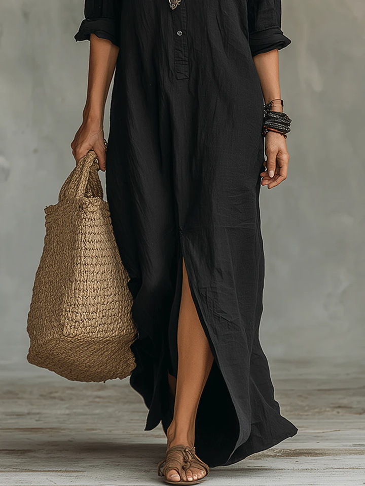 Women's Linen Shirt Collar Button Front Side Split Maxi Dress