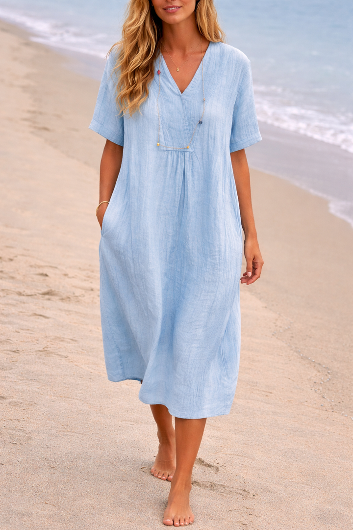Women’s Linen V-Neck Short Sleeve Midi Dress