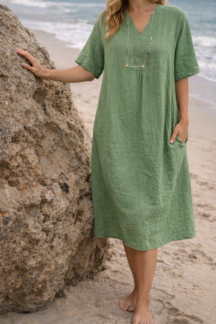 Women’s Linen V-Neck Short Sleeve Midi Dress