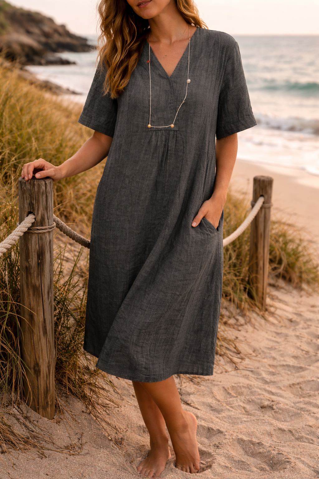 Women’s Linen V-Neck Short Sleeve Midi Dress