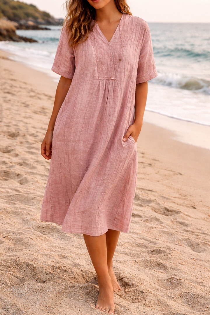 Women’s Linen V-Neck Short Sleeve Midi Dress