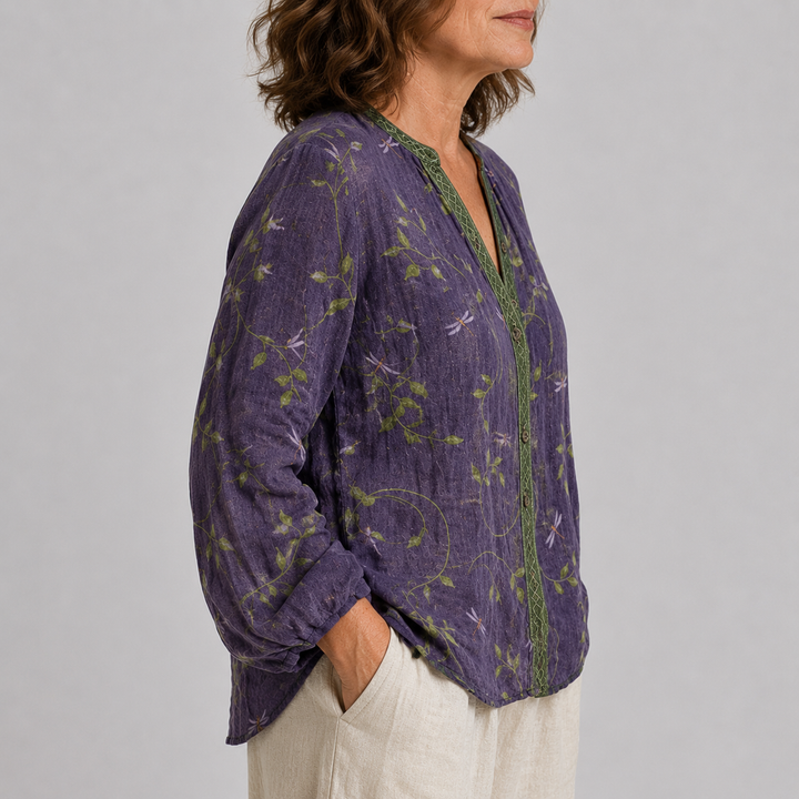 Women's Long Sleeve Button-Front Blouse with V-Neck and Allover Print