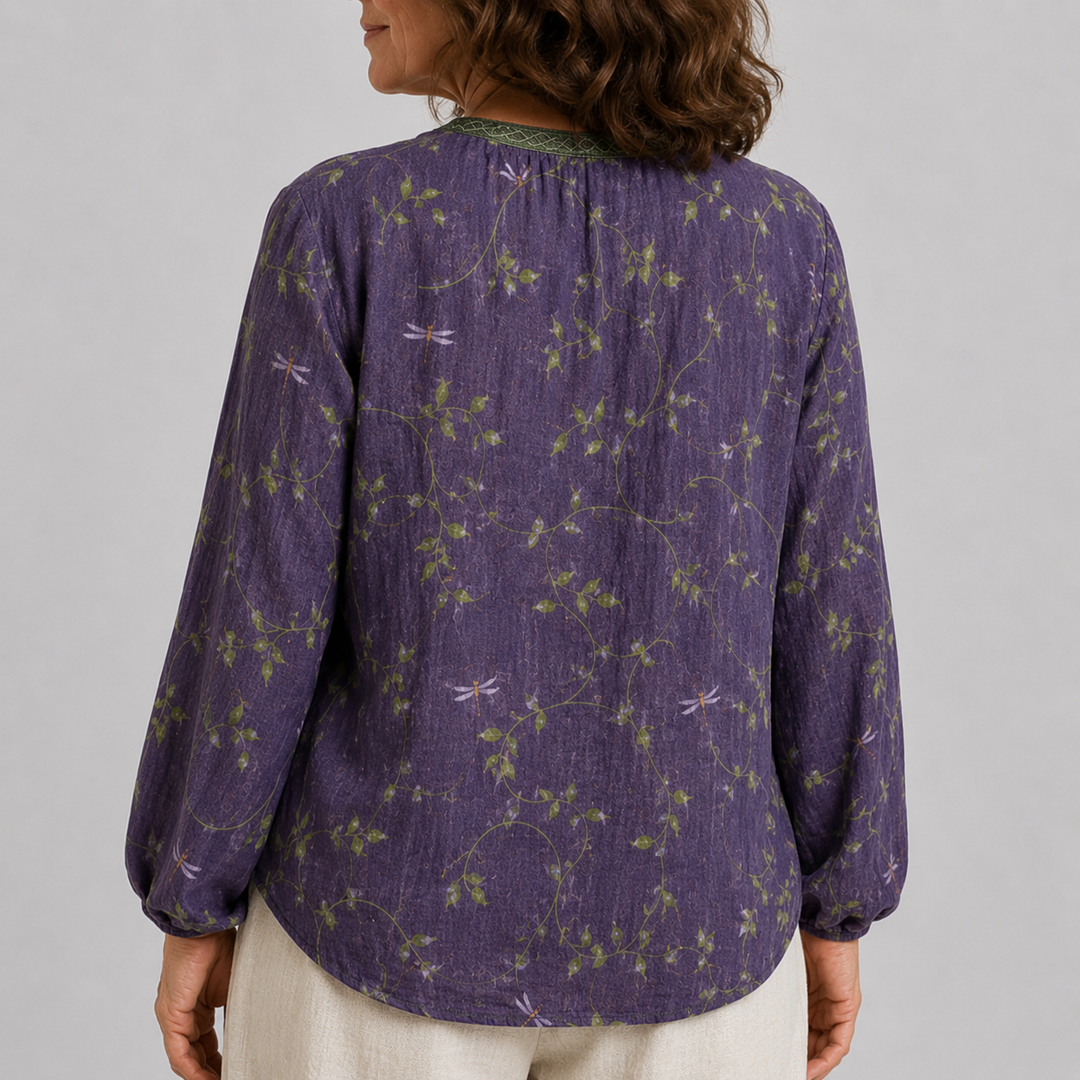 Women's Long Sleeve Button-Front Blouse with V-Neck and Allover Print