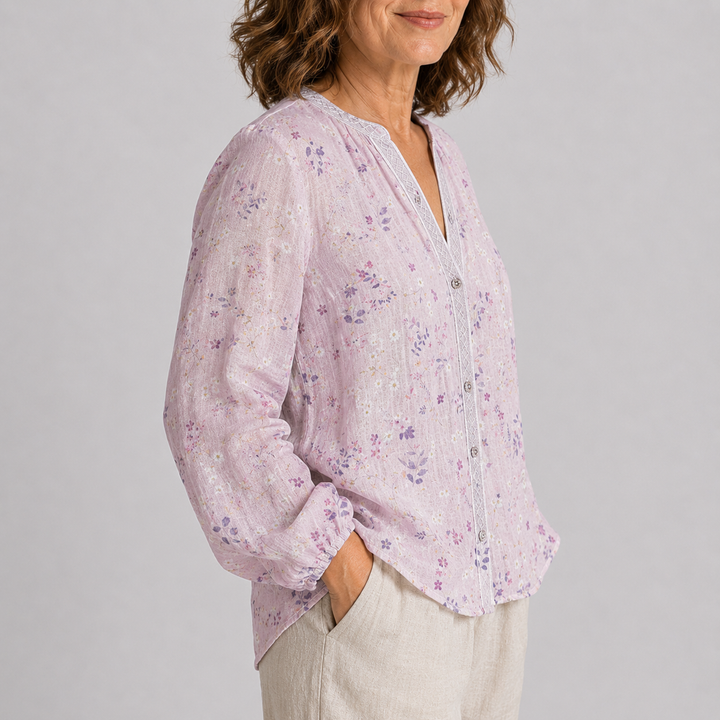 Women's Long Sleeve Button-Front Blouse with V-Neck and Allover Print