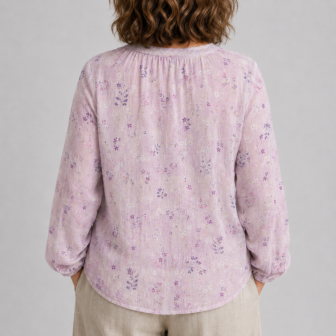Women's Long Sleeve Button-Front Blouse with V-Neck and Allover Print