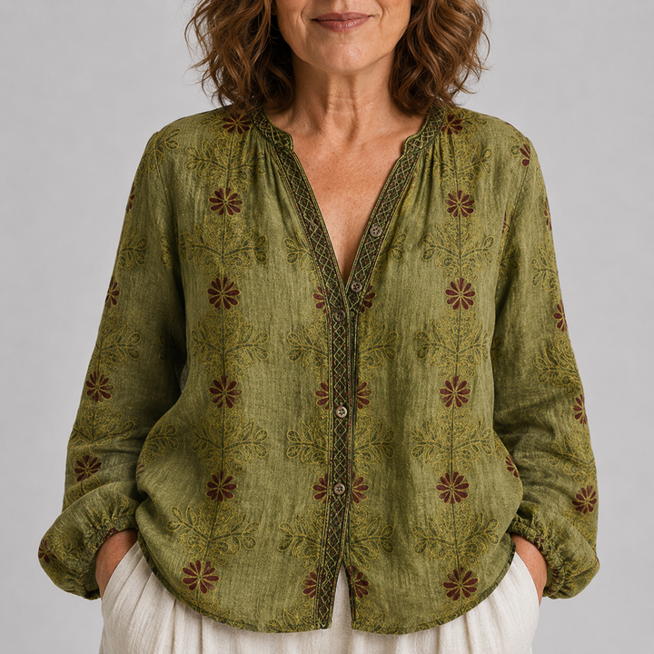 Women's Long Sleeve Button-Front Blouse with V-Neck and Allover Print