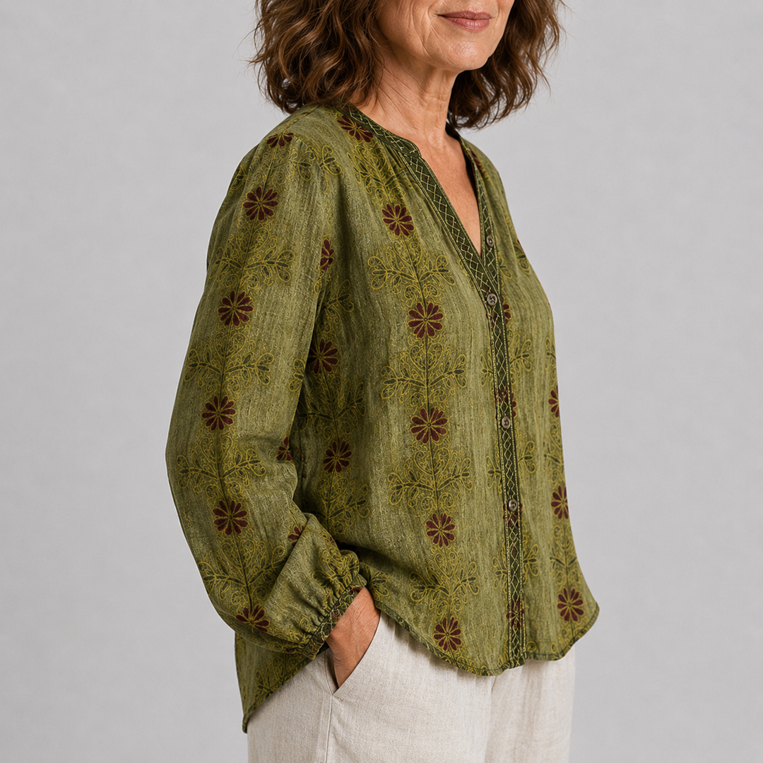 Women's Long Sleeve Button-Front Blouse with V-Neck and Allover Print