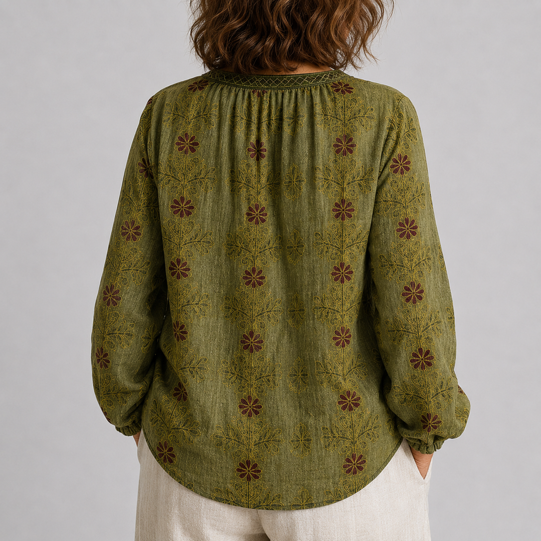 Women's Long Sleeve Button-Front Blouse with V-Neck and Allover Print