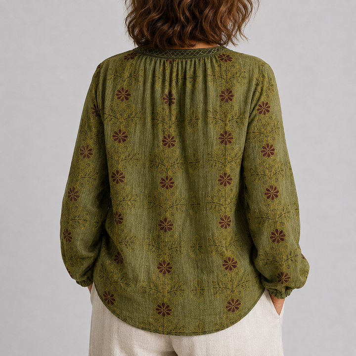 Women's Long Sleeve Button-Front Blouse with V-Neck and Allover Print