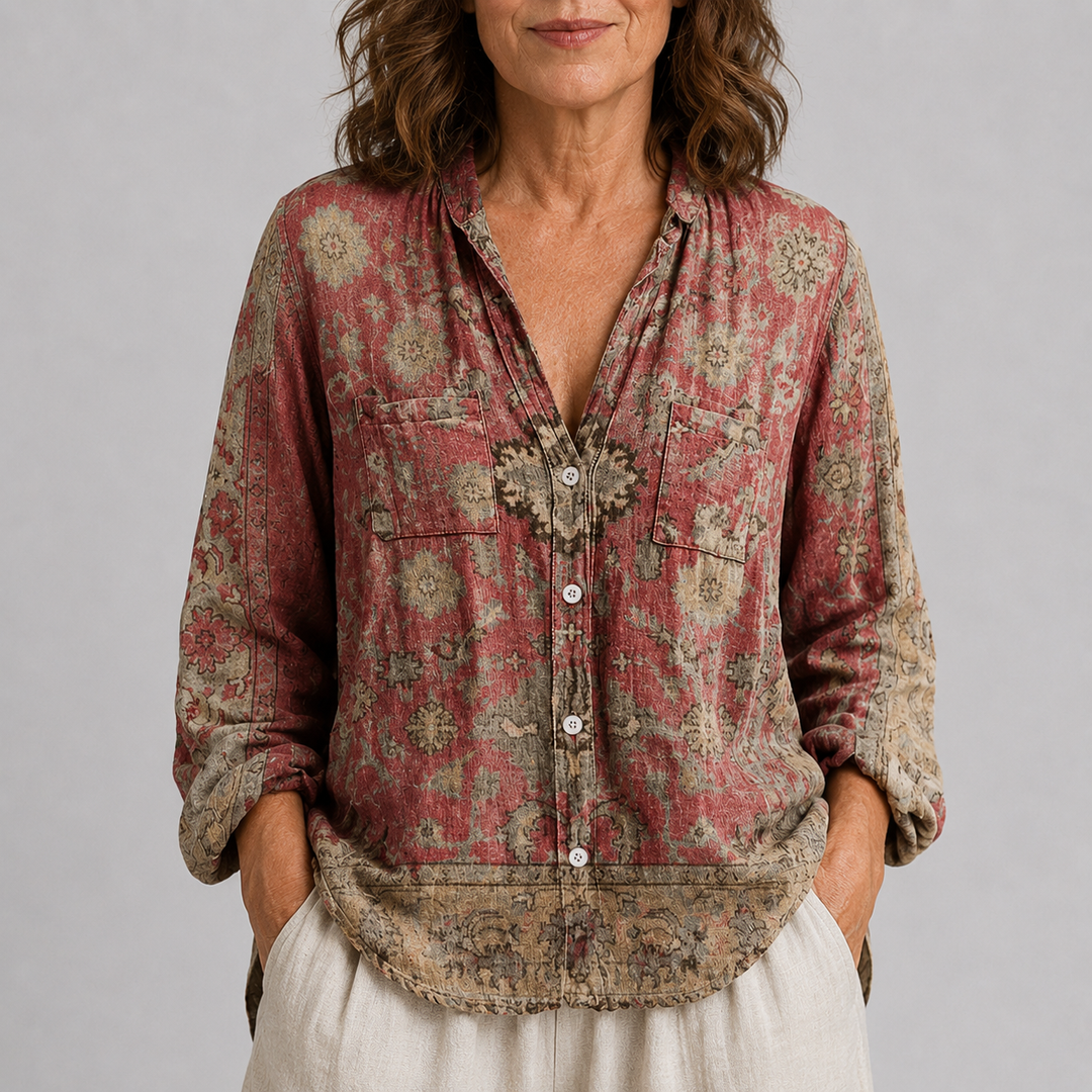 Women's Long Sleeve Button-Front Blouse with V-Neck and Allover Print