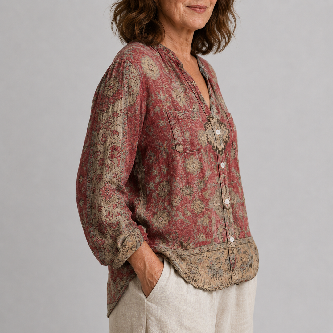 Women's Long Sleeve Button-Front Blouse with V-Neck and Allover Print