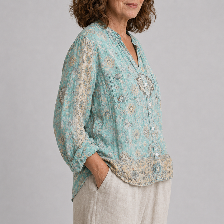 Women's Long Sleeve Button-Front Blouse with V-Neck and Allover Print