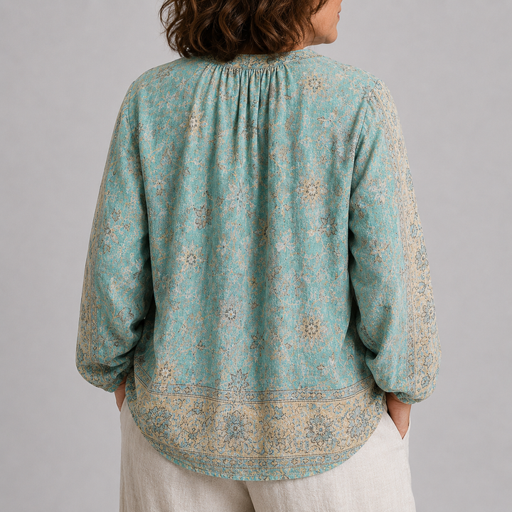 Women's Long Sleeve Button-Front Blouse with V-Neck and Allover Print