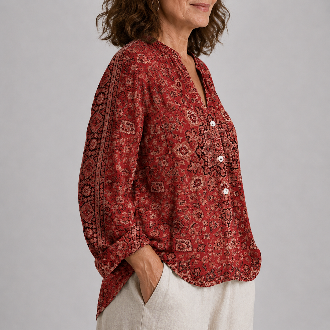 Women's Long Sleeve Button-Front Blouse with V-Neck and Allover Print