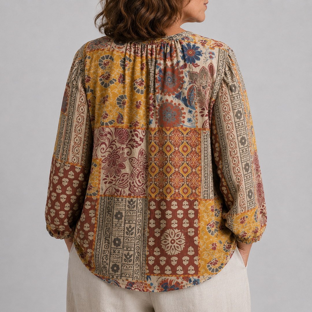 Women's Long Sleeve Button-Front Blouse with V-Neck and Allover Print