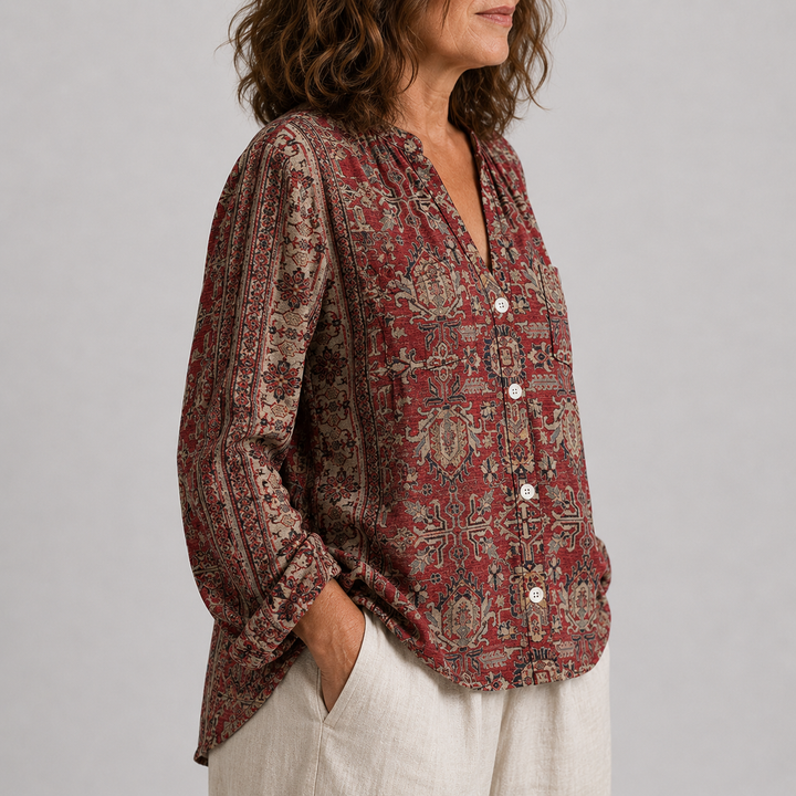 Women's Long Sleeve Button-Front Blouse with V-Neck and Allover Print