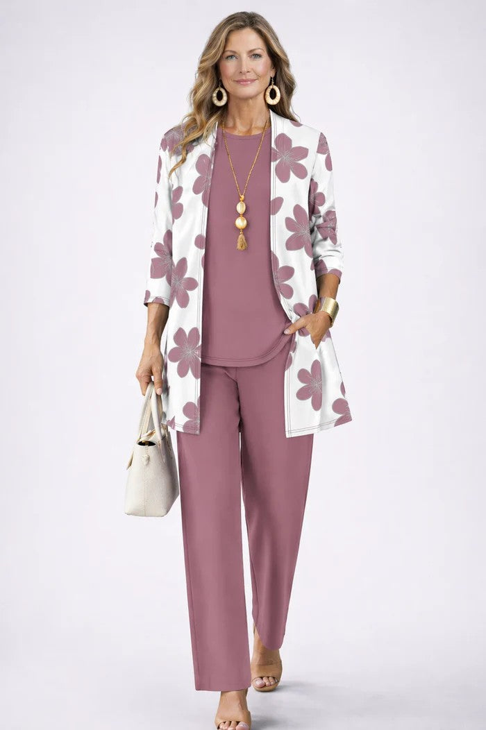 Women's Three-Piece Leaf Print Cardigan Top and Wide-Leg Trousers Set