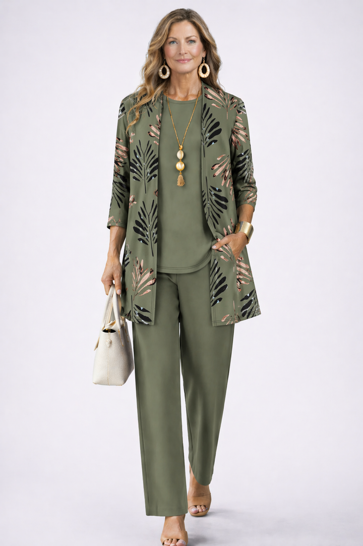 Women's Three-Piece Leaf Print Cardigan Top and Wide-Leg Trousers Set