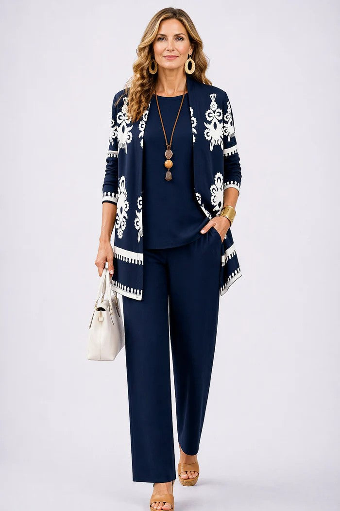 Women's Three-Piece Leaf Print Cardigan Top and Wide-Leg Trousers Set