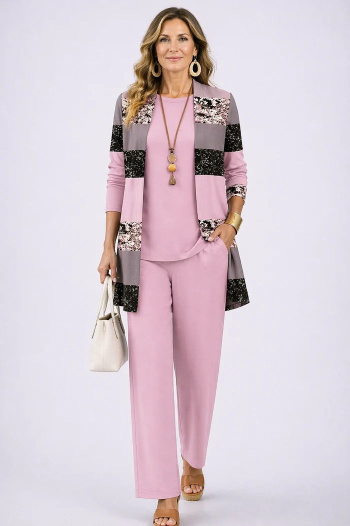 Women's Three-Piece Leaf Print Cardigan Top and Wide-Leg Trousers Set