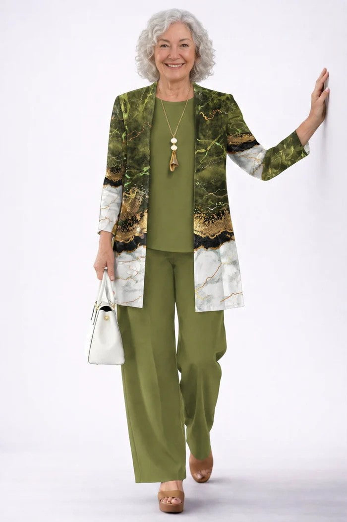 Women's Three-Piece Leaf Print Cardigan Top and Wide-Leg Trousers Set