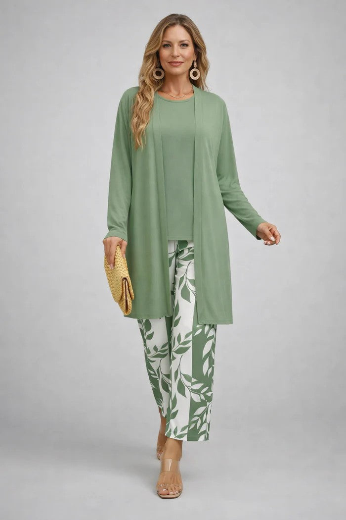 Women's Three-Piece Leaf Print Cardigan Top and Wide-Leg Trousers Set