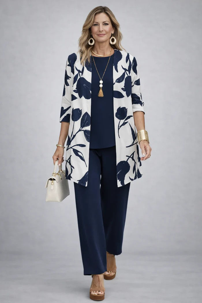 Women's Three-Piece Leaf Print Cardigan Top and Wide-Leg Trousers Set