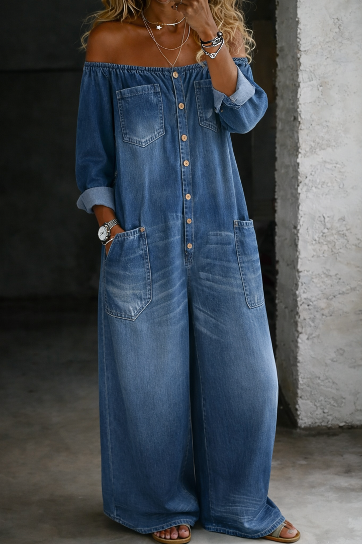 Women's Off Shoulder Button Front Wide Leg Denim Jumpsuit