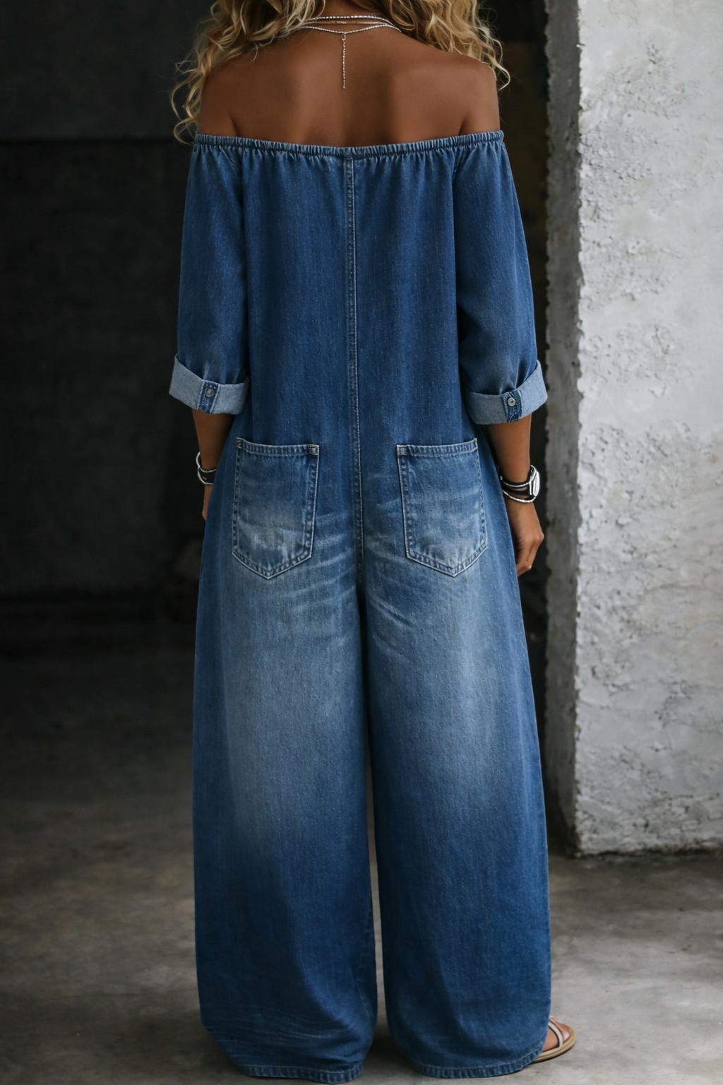 Women's Off Shoulder Button Front Wide Leg Denim Jumpsuit