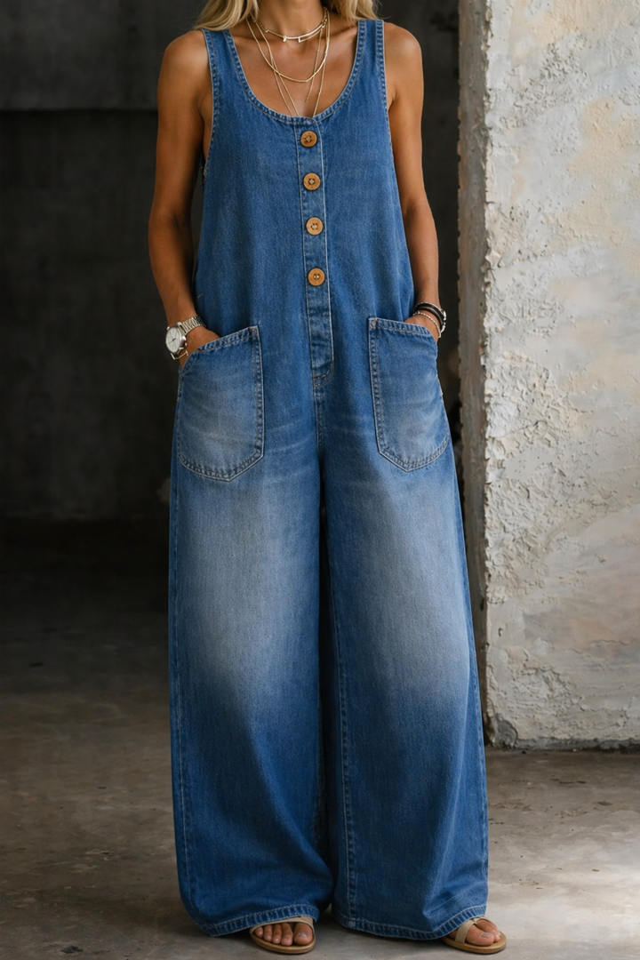 Women's Vintage Washed Sleeveless Button Front Wide Leg Overalls