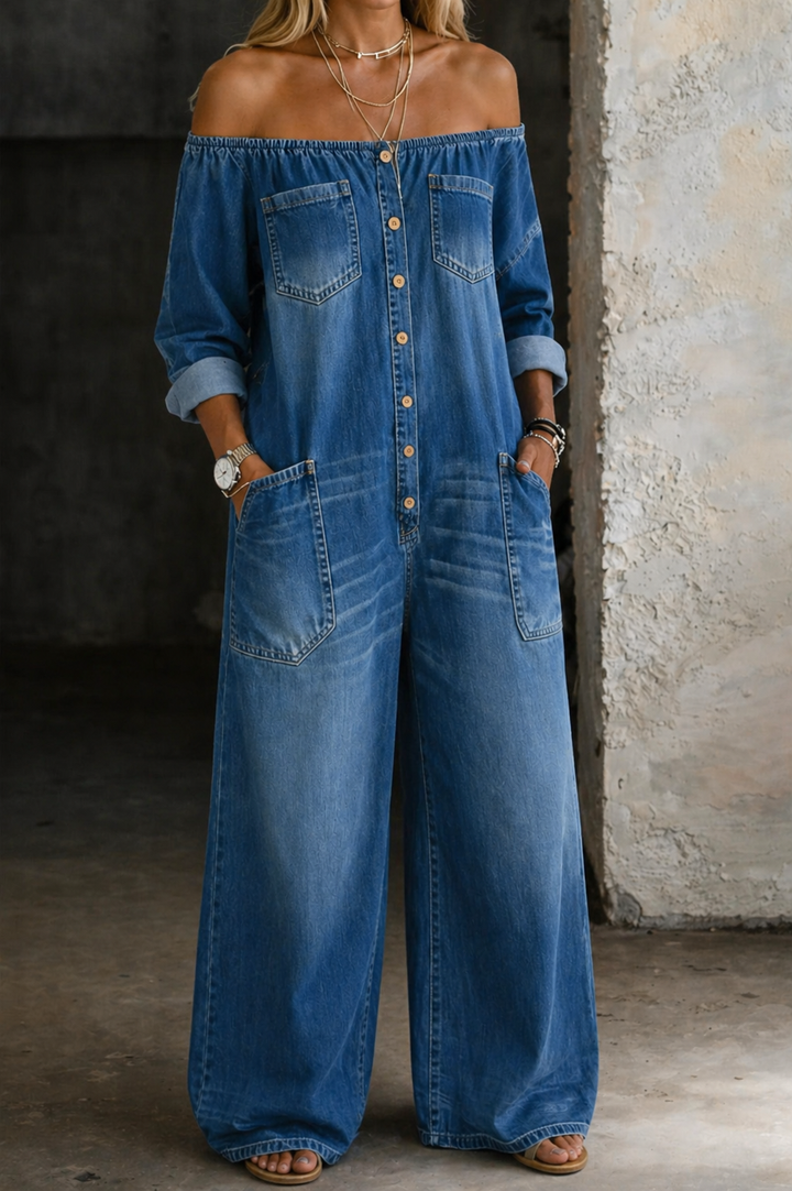 Women's Off Shoulder Button Front Wide Leg Denim Jumpsuit
