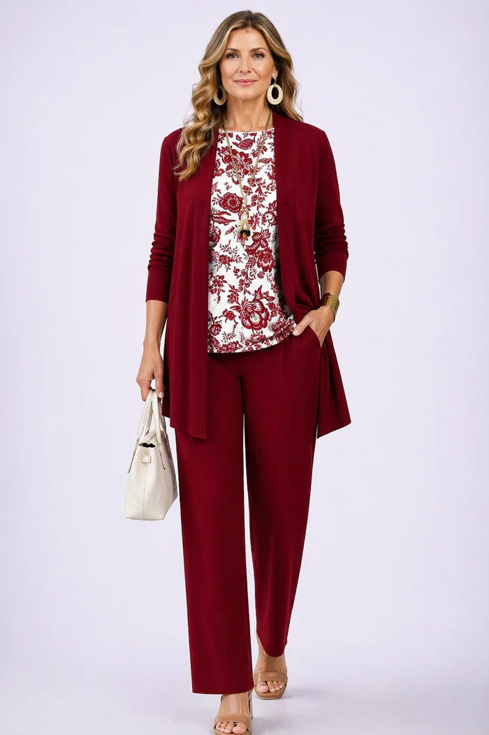 Women's Three-Piece Leaf Print Cardigan Top and Wide-Leg Trousers Set