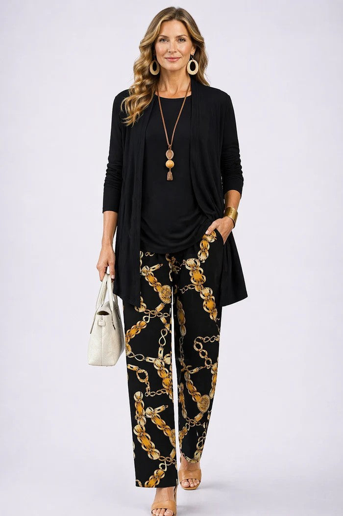 Women's Three-Piece Leaf Print Cardigan Top and Wide-Leg Trousers Set