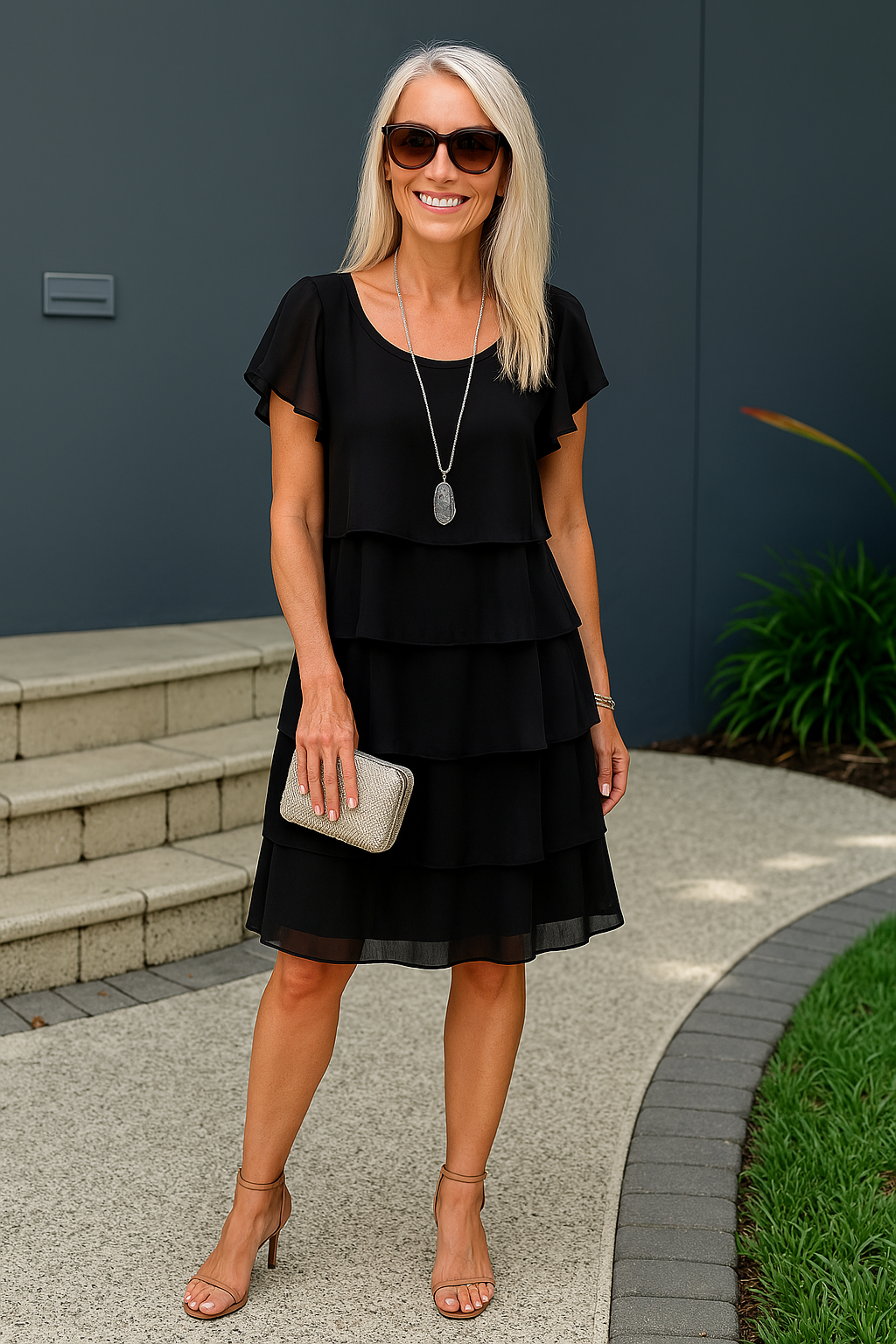 Women's Chiffon Tiered Ruffle Short Sleeve Round Neck Midi Dress