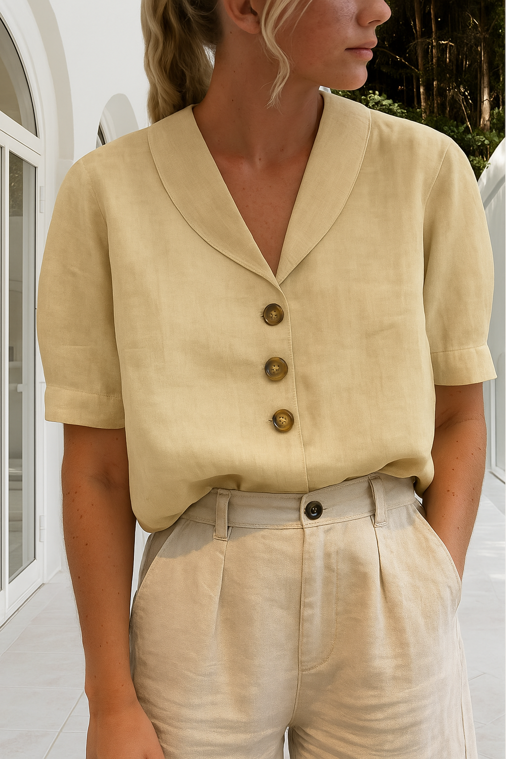 Women's Linen Collared V-Neck Button Detail Blouse