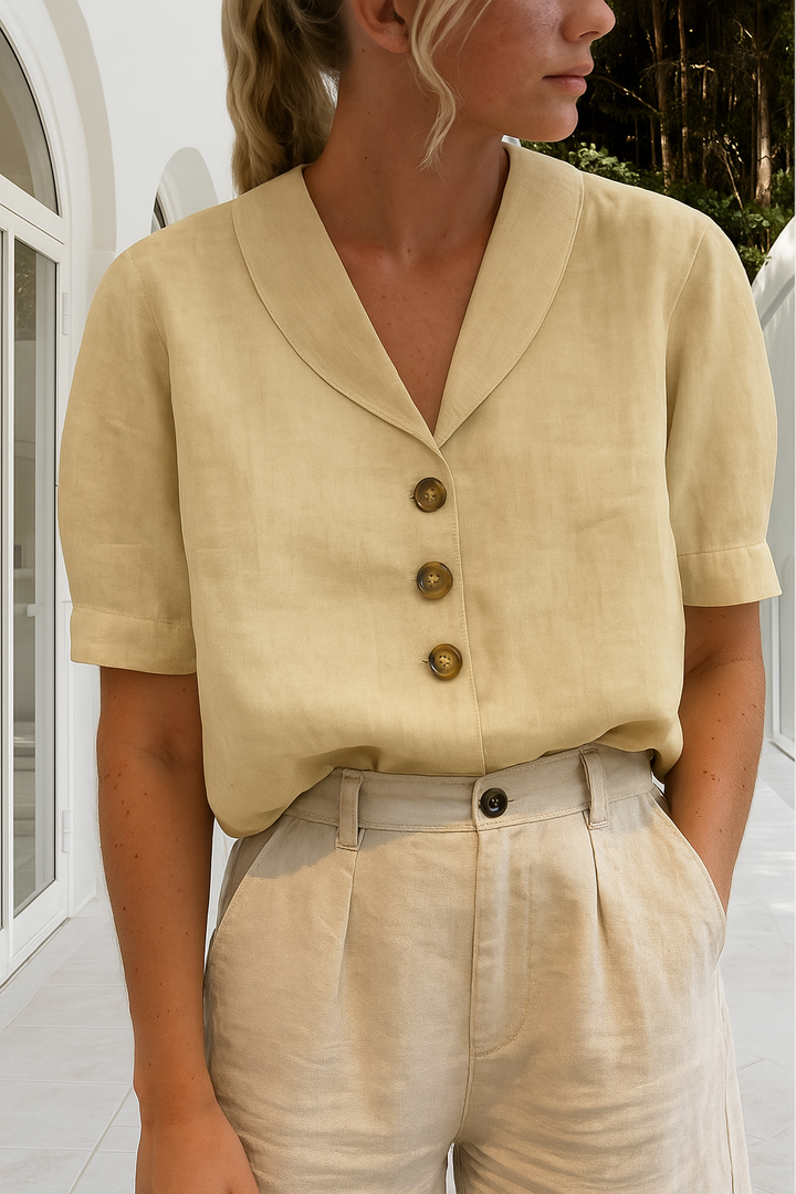 Women's Linen Collared V-Neck Button Detail Blouse