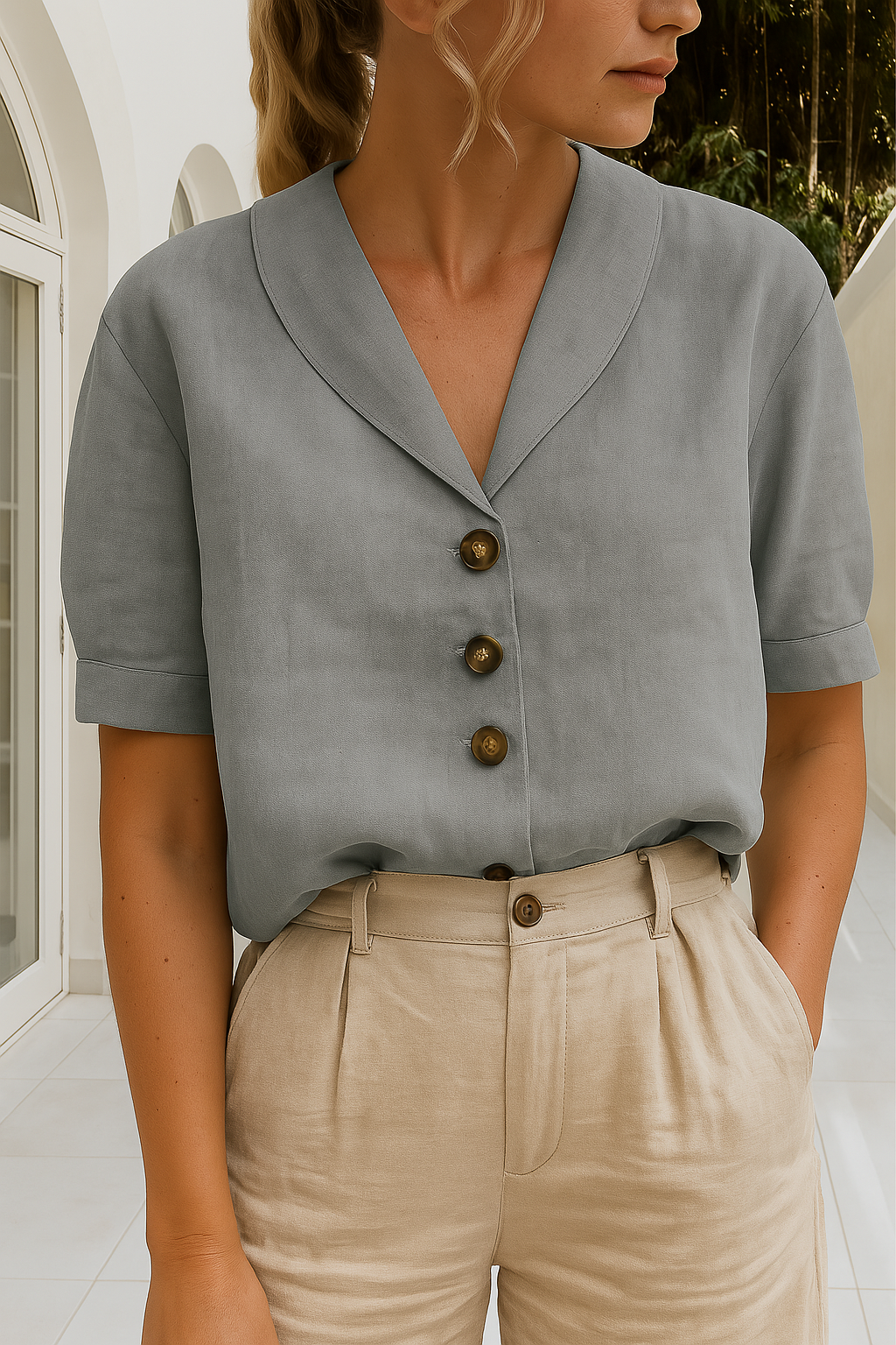 Women's Linen Collared V-Neck Button Detail Blouse