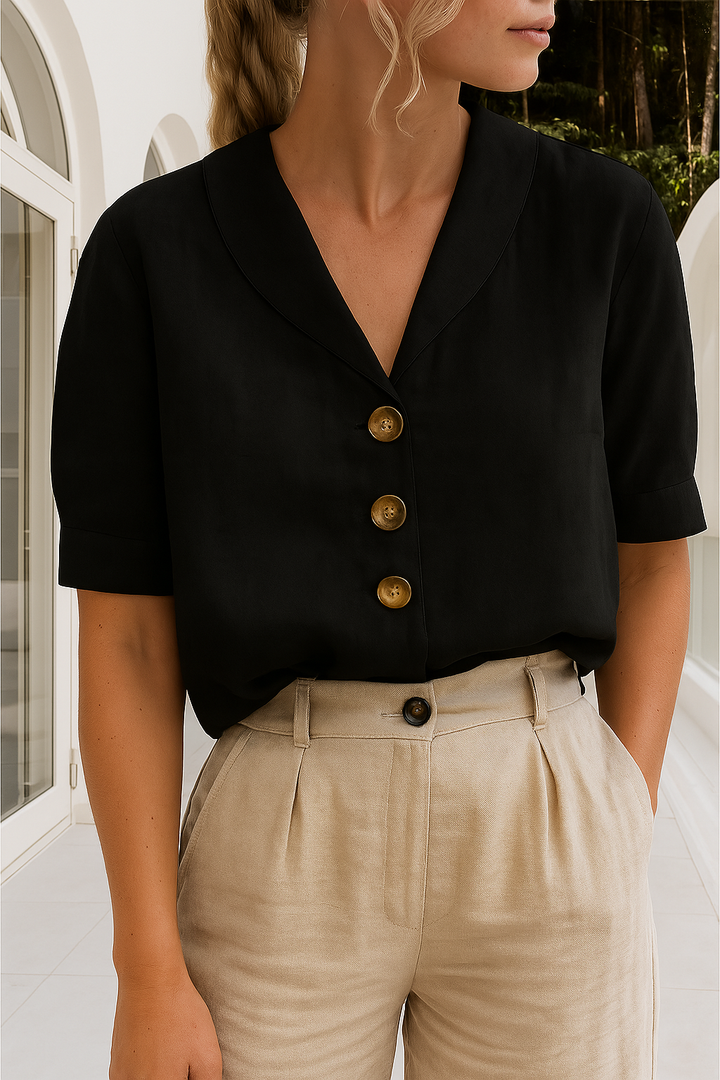 Women's Linen Collared V-Neck Button Detail Blouse